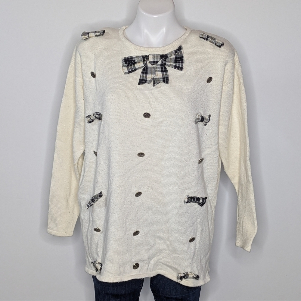 ✨3/$15 Vintage Chaus White Black Bow Accent Sweater M